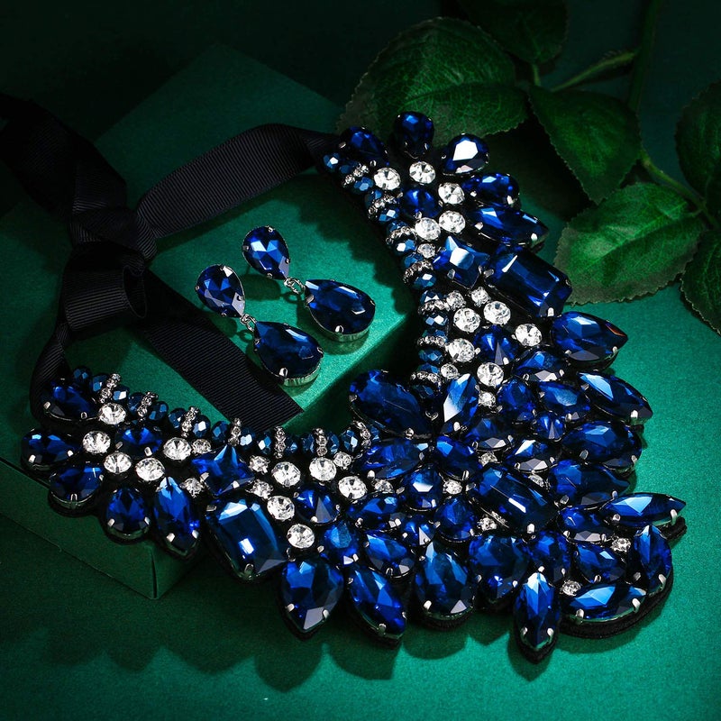Flyonce Costume Jewelry for Women, Rhinestone Crystal Statement Necklace Earrings Set Dark Blue - Image 3